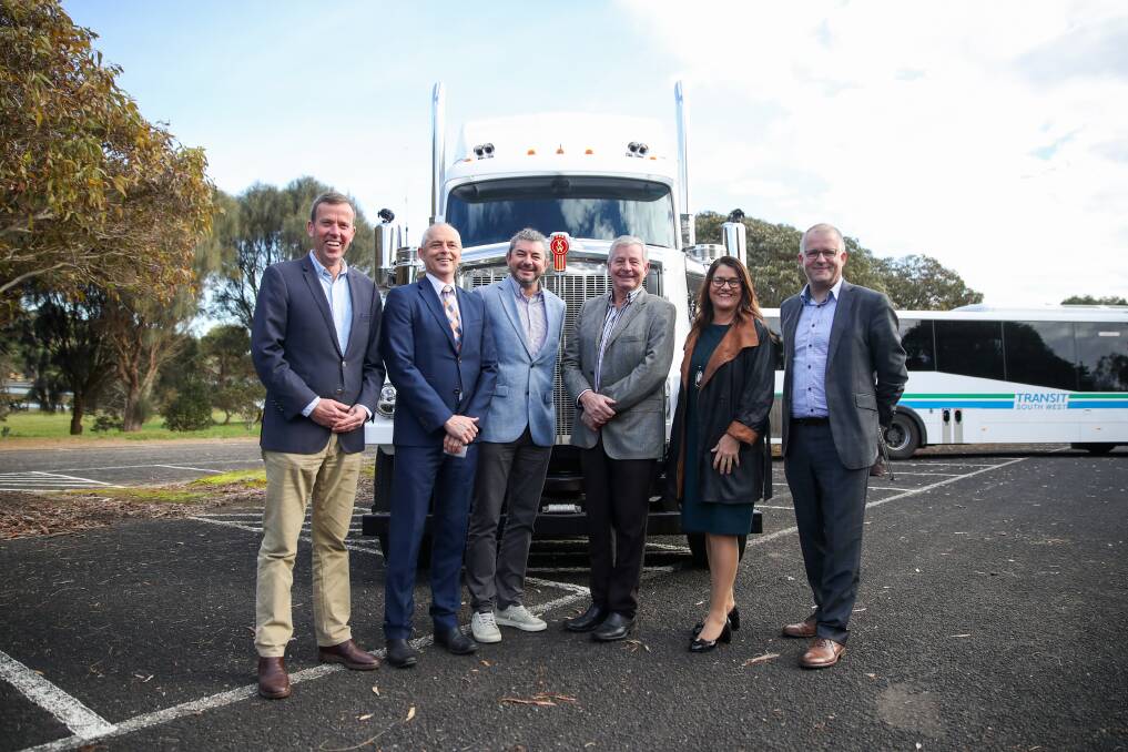 NEEDED: Warrnambool Bus Lines managing director Stephen Lucas (centre right) at the launch of Deakin University's Hycel project which would see the creation of a fleet powered by fuel cells. Picture: Morgan Hancock 