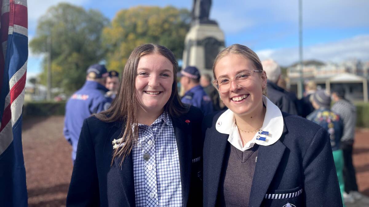 Camperdown College school captains Riley Stephenson and Ebony Pearce at the town's Anzac Day service. Picture by Jessica Greenan.