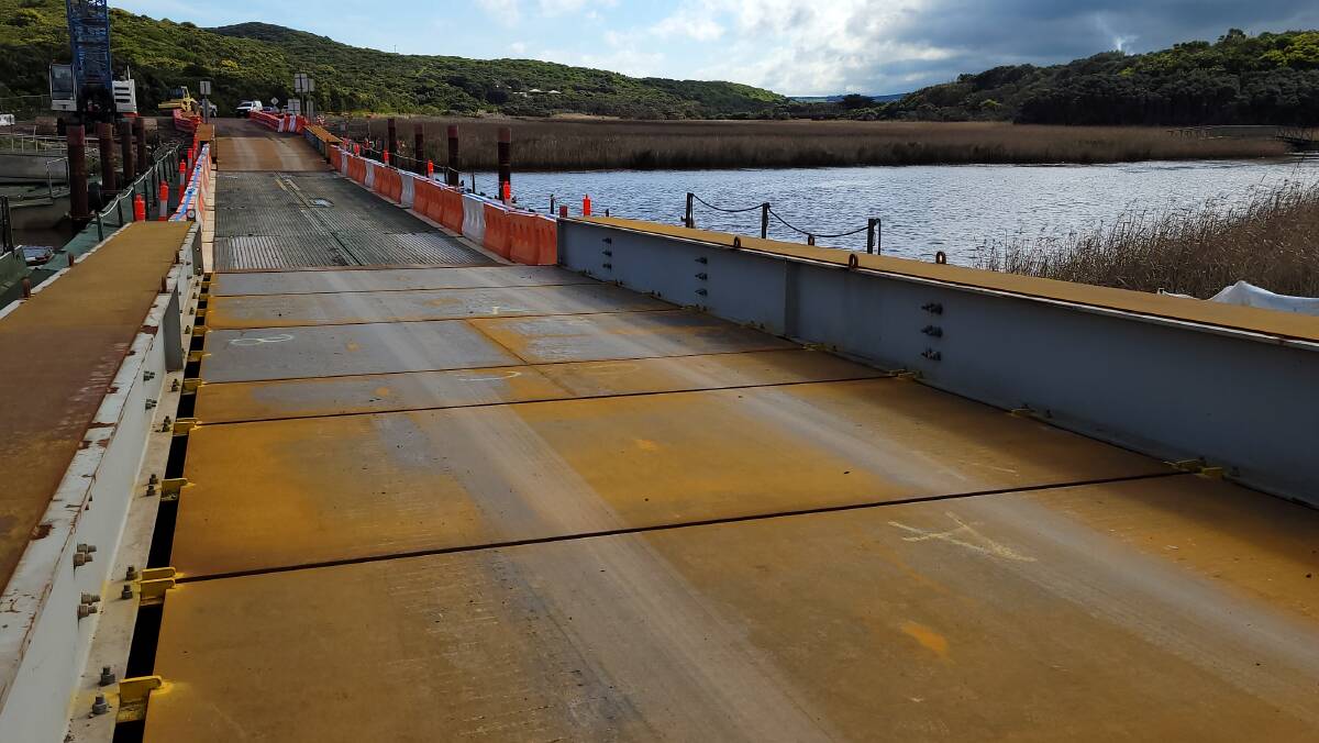 A temporary floating bridge will divert traffic across the Gellibrand River to enable works on the Princetown Eco-Stay to continue. Picture supplied. 