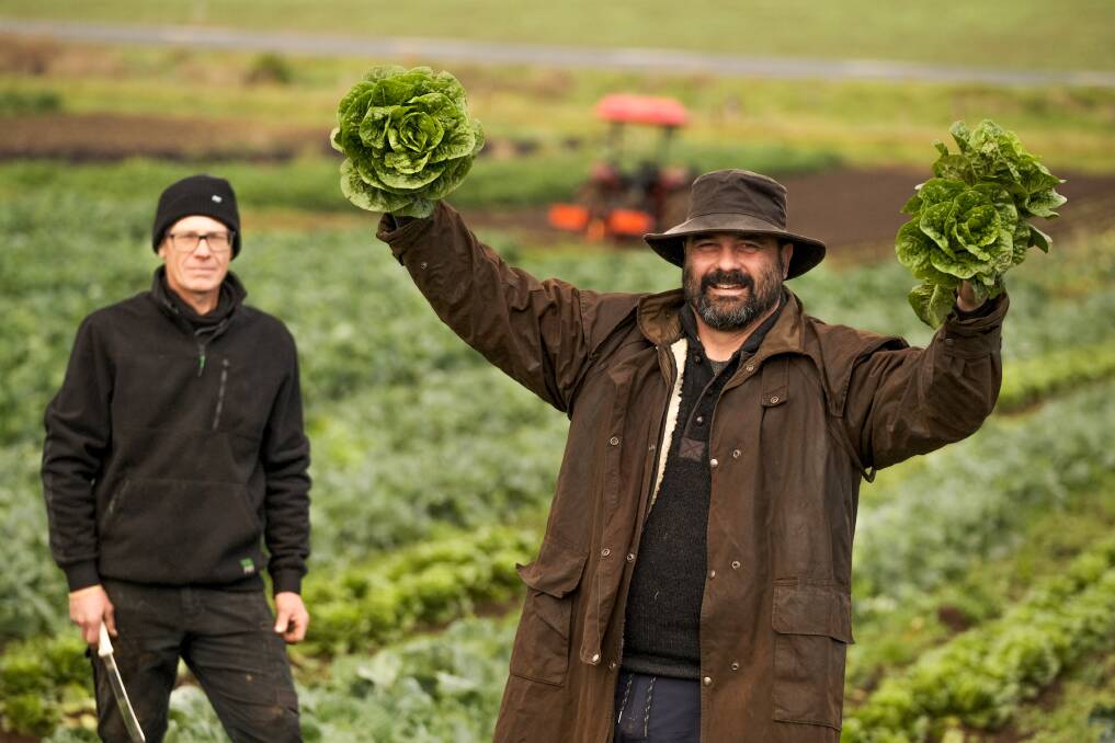 LETTUCE CELEBRATE: Derek Burn and Volcano Produce owner Ben Pohlner, who hasn't increased the cost of any of his fresh produce despite inflation. Picture: Chris Doheny