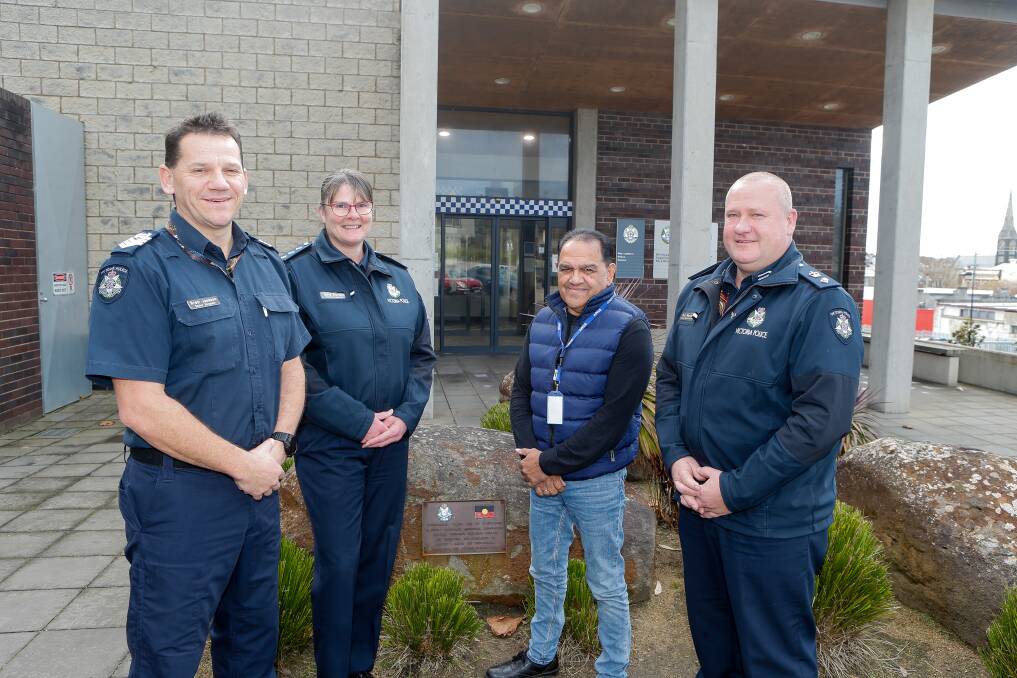 ENGAGEMENT: Staff Senior Sergent Brett Jackson, Acting Inspector Tania Barbary, Aboriginal Community Liaison Officer Johnny Day and Acting Superintendent Paul Marshall. Picture: Anthony Brady