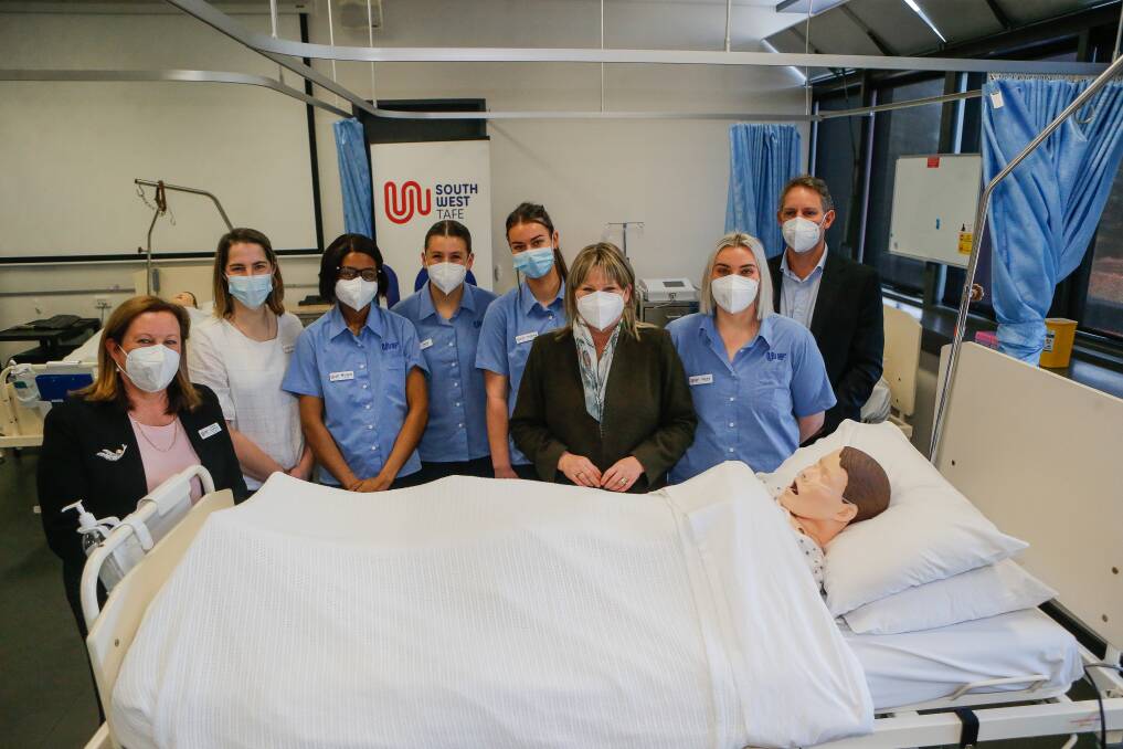 UPGRADE: Minister for Training and Skills Gayle Tierney with South West TAFE nursing students and staff. The education provider will receive a million-dollar funding boon from the state government. Picture: Anthony Brady