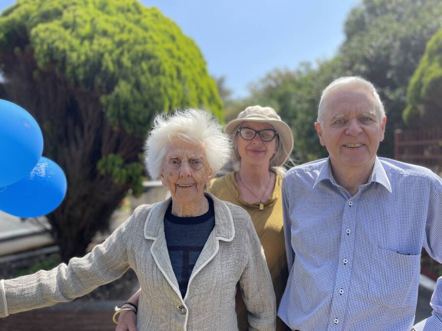 MILESTONE: New centenarian Audrey McLeod joined by daughter Janet and son David on Saturday. 
