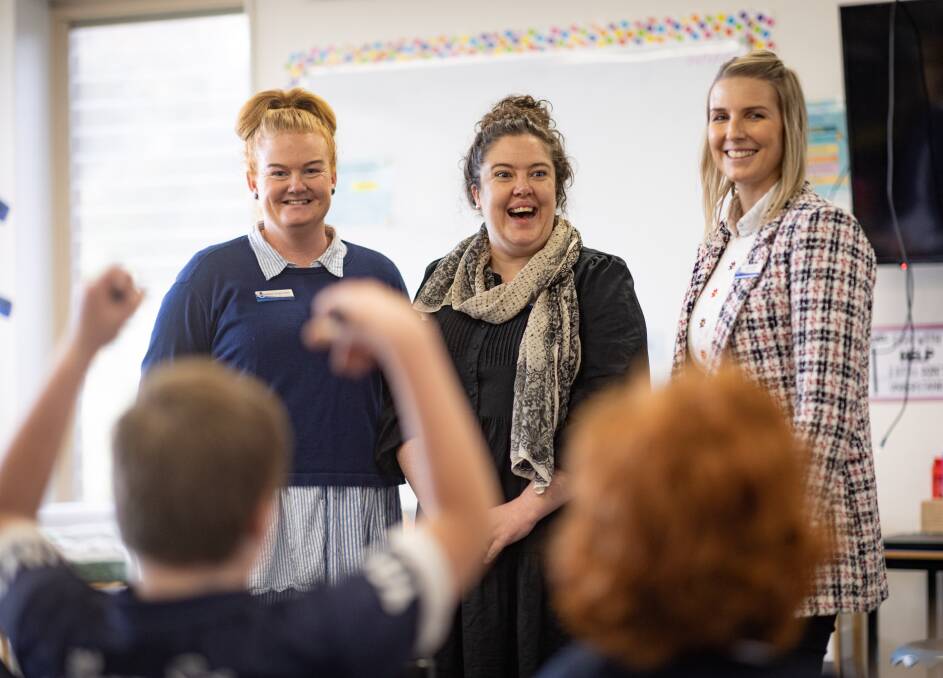Camperdown College P-12's Ashlee Carrigan-Walsh, Kathryn Wilde and Jacinta Tolland in class. Picture by Sean McKenna.