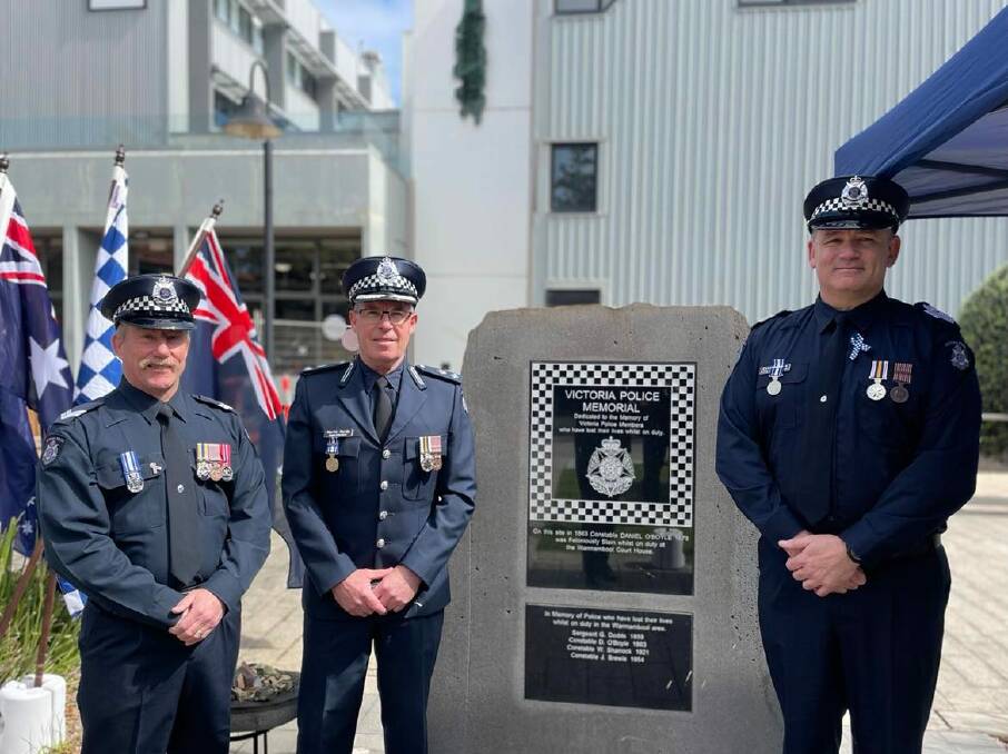 Senior Constable Graeme Cox, Superintendent Martin Hardy and Acting Senior Sergeant Danny Brown at the memorial service for fallen police officers held in Warrnambool on Thursday morning.