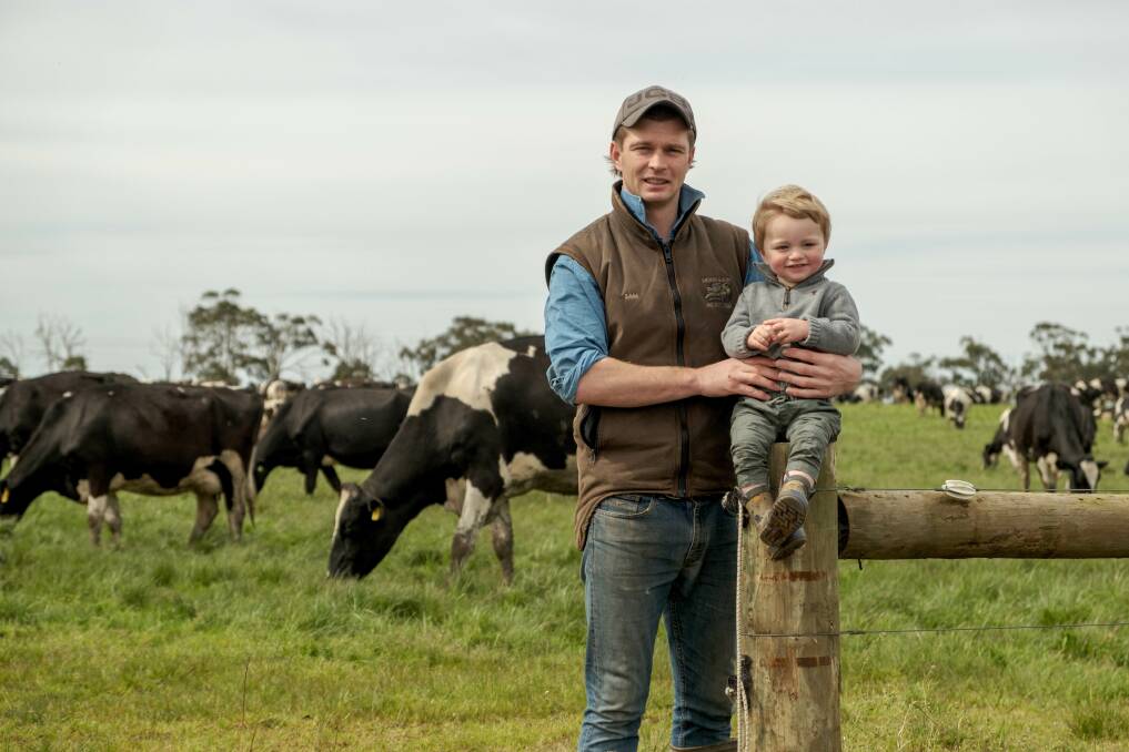 Monk and Son AG Services owner Sam Monk with his son Charlie on their Cobrico farm. Picture by Chris Doheny 