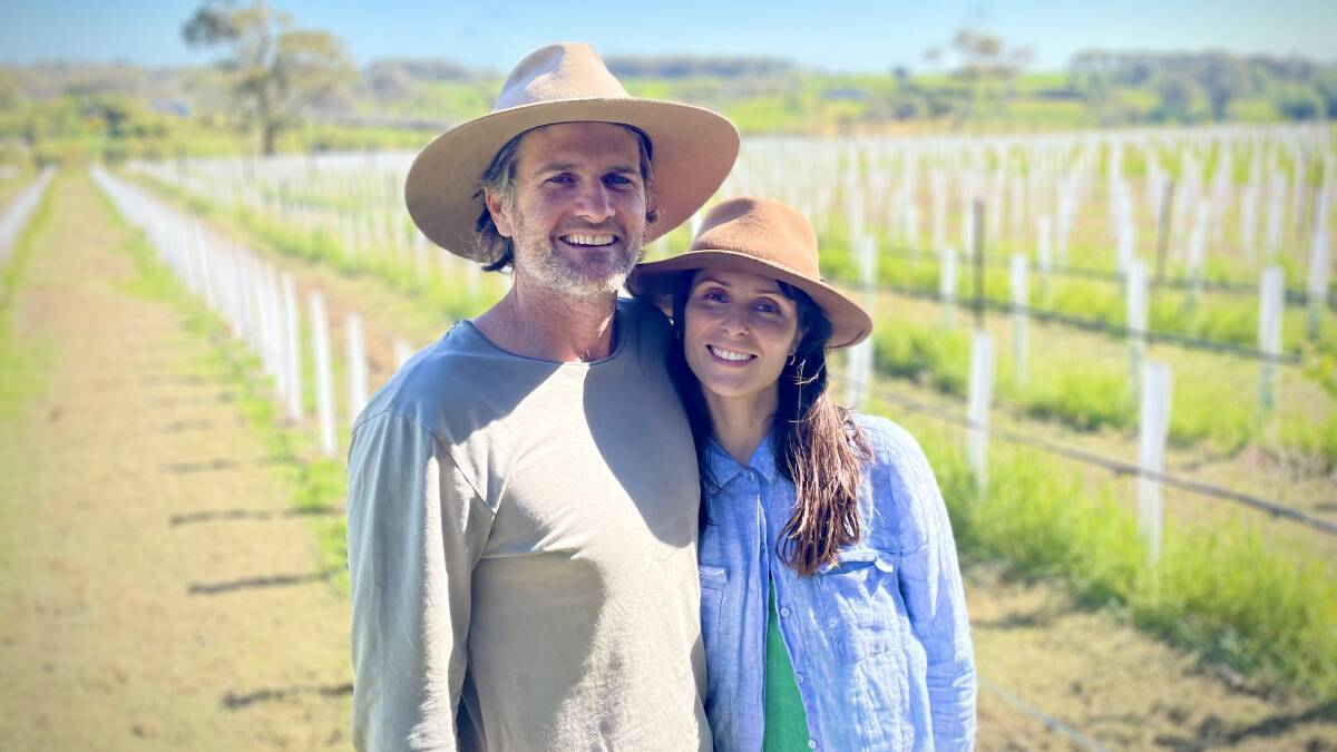 Timboon's Babche owners Tim Byrne and Niki Nikolovski at their in-progress vineyard. Picture by Jessica Greenan