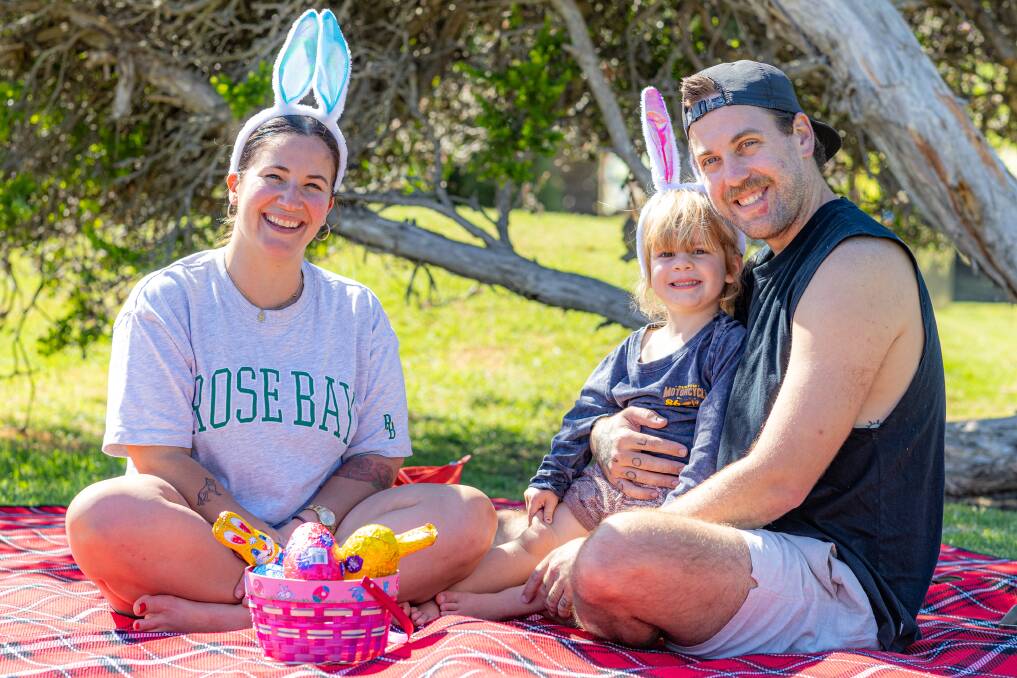 Bendigo's Raquel Cutajar, Max Howell, 3, and Jason Howell chose to spend Easter at Warrnambool's Lake Pertobe. Picture by Eddie Guerrero.
