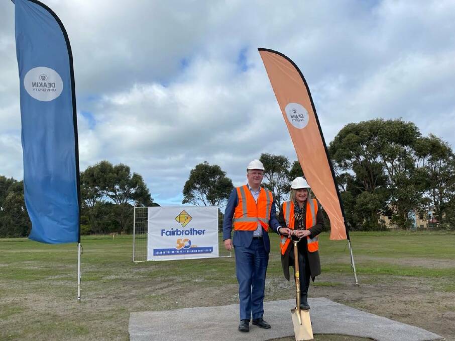 GROUND-BREAKING: Deakin University vice-chancellor Iain Martin and Minister for Training and Skills and Higher Education Gayle Tierney turning the first sod at Hycel hydrogen hub. 