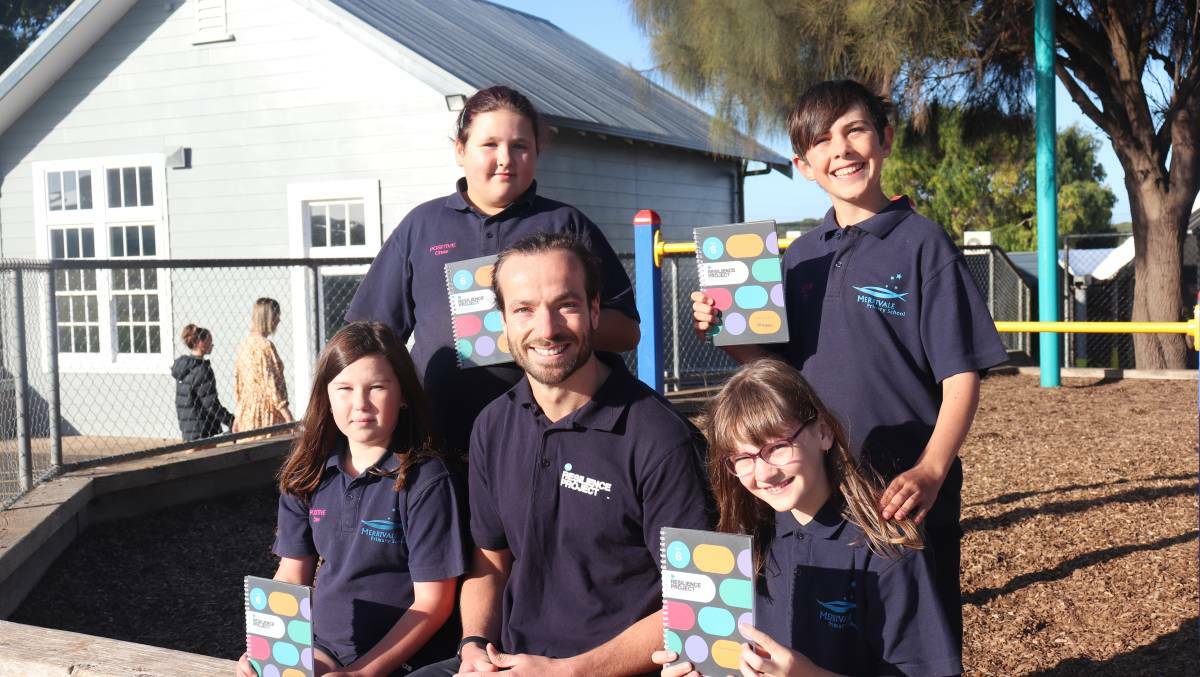 HELPFUL: The Resilience Project's school program coordinator Peter Seehusen with Merrivale Primary School students Paton Vickers, 11, Lily Gardiner, 11, Amelia McGarvie, 11 and Mason Mitchell, 11. Picture: Kimberley Price.