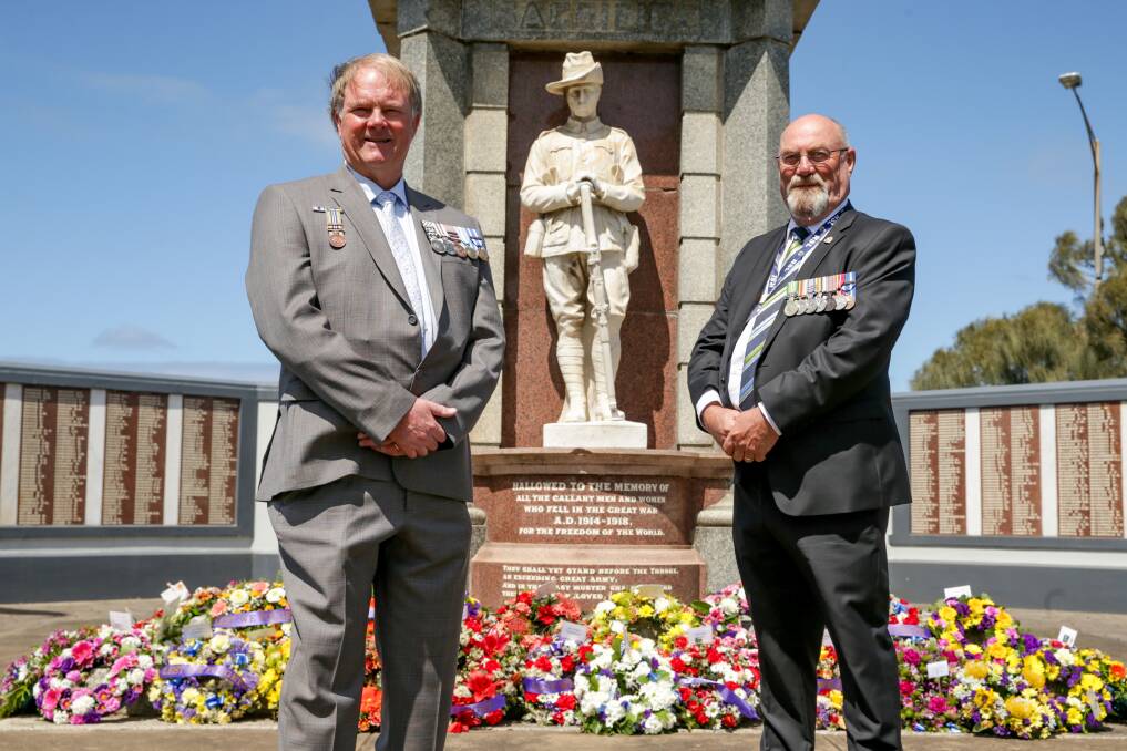REFLECT: Afghanistan veterans Steve Lamborn and Tony Geyer at Warrnambool's Remembrance Day service. Picture: Chris Doheny