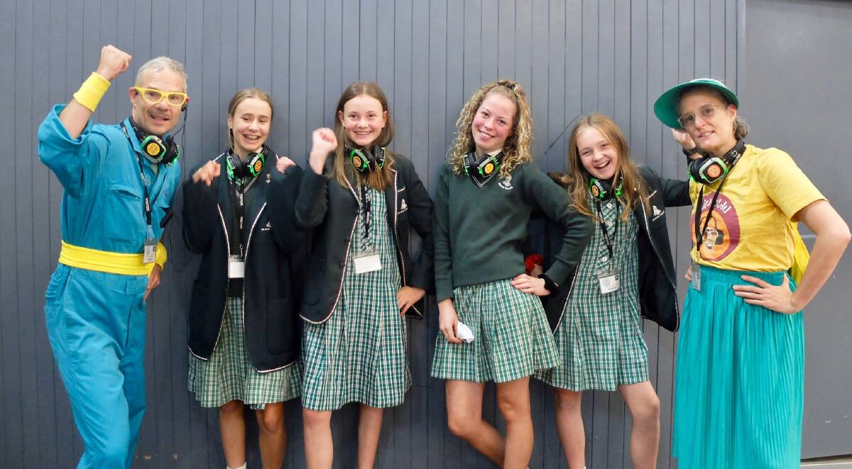 POCKETPAL TEAM: Pilot program students from Warrnambool's Brauer College Isabella Price, Alannah Vandecamp, Amelia Fiedler and Stephanie Grist with silent disco tour guide Guru Dudu.
