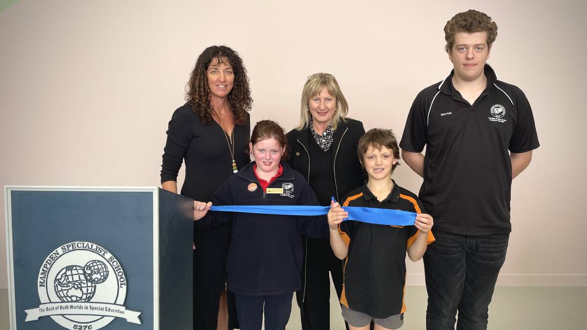 Hampden Specialist School principal Kylie Carter and Member for Western Victoria Gayle Tierney with Monica Tokana, Patrick Templeton and Ryan Hewitt. 