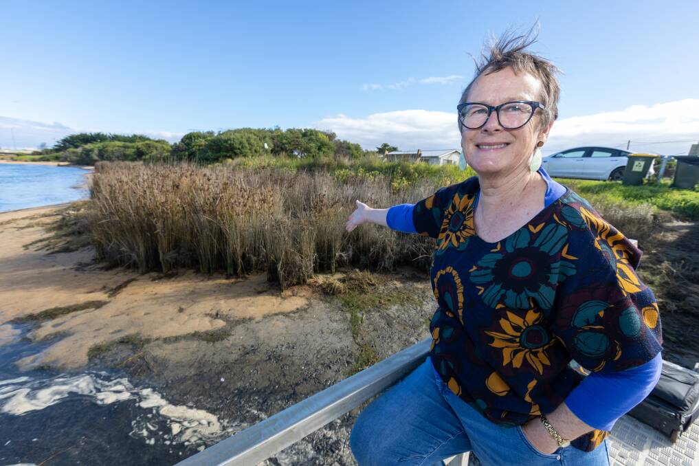 Ms Mullen points towards residue of blue-green algae left near the boat ramp after the river mouth was opened. 