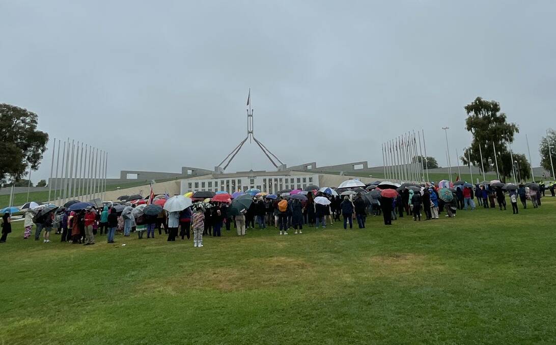 Anti-trans protesters as well as people attending the counter-rally gathered in front of Parliament House on Thursday. Picture by Sarah Basford Canales