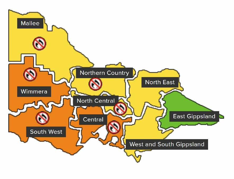 A Total Fire Ban has been declared for the Central, South West, Wimmera, Mallee, Northern Country and North Central areas of Victoria on Thursday, February 22, 2024. Map: Vic Emergency