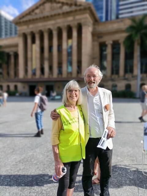 Julie Hart with John Shipton during his appearance in Brisbane.