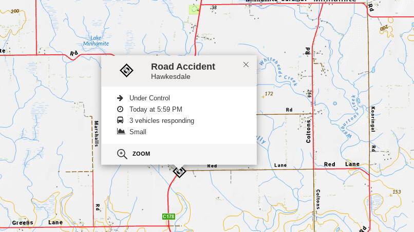 A screenshot of the Vic Emergency app with the details of a crash at Hawkesdale on January 12, 2024.