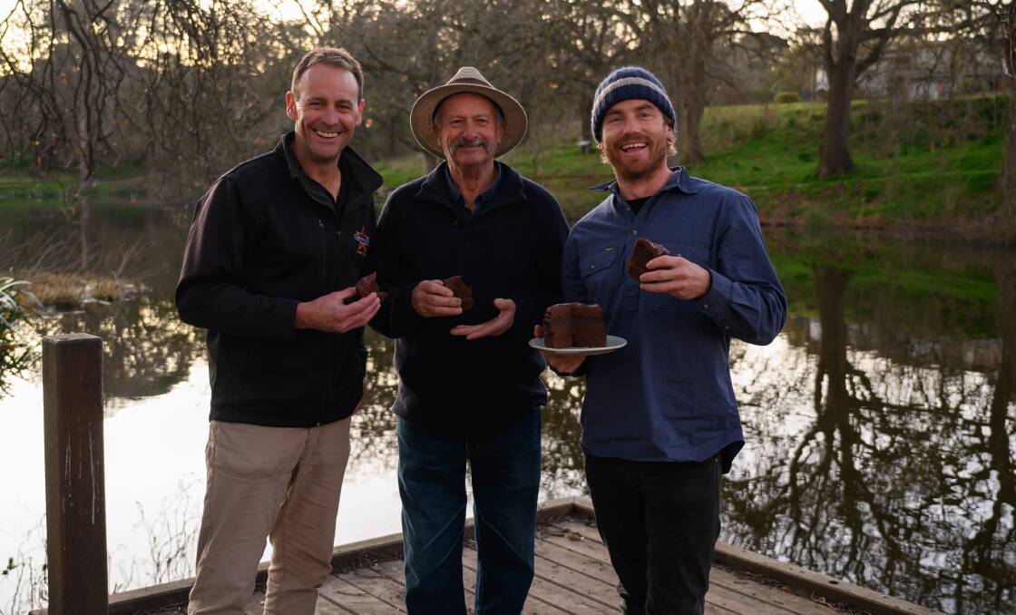 Fonterra Cobden employee Andrew Westlake and farmer Chris Place filming an episode of Taste of Australia with Hayden Quinn in Cobden. Picture supplied.