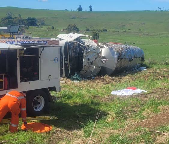 A milk tanker has rolled over at the intersection of Lavers Hill-Cobden Road and Old Cobden-Port Campbell Road on Monday morning. Picture supplied by Camperdown SES Unit