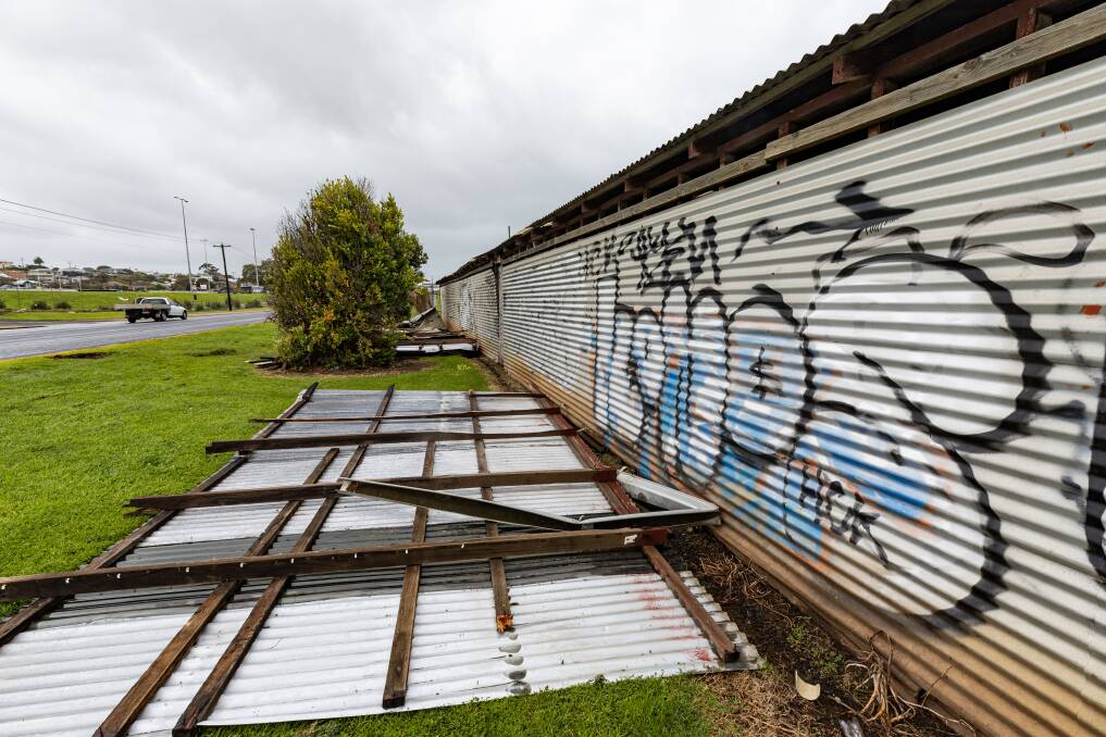 The roof of the Koroit Street pavilion on the ground after it was blown off during the September 8, 2023, storm in Warrnambool. Picture by Sean McKenna