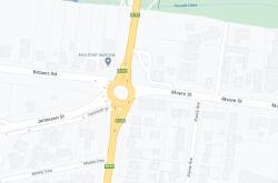 A map showing the Mortlake Road roundabout that was the site of a two-vehicle collision in Warrnambool on August 15.