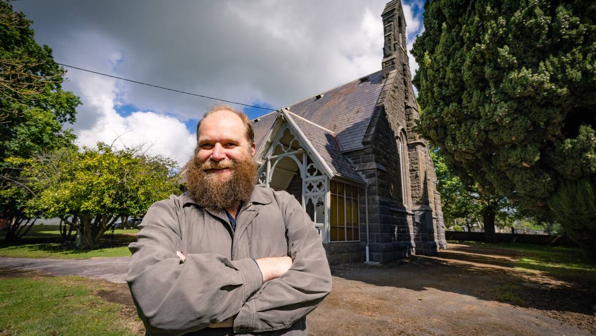 Reverend Damian Meeuwissen in front of the Noorat Presbyterian Church which is 150-years-old. Picture by Sean McKenna