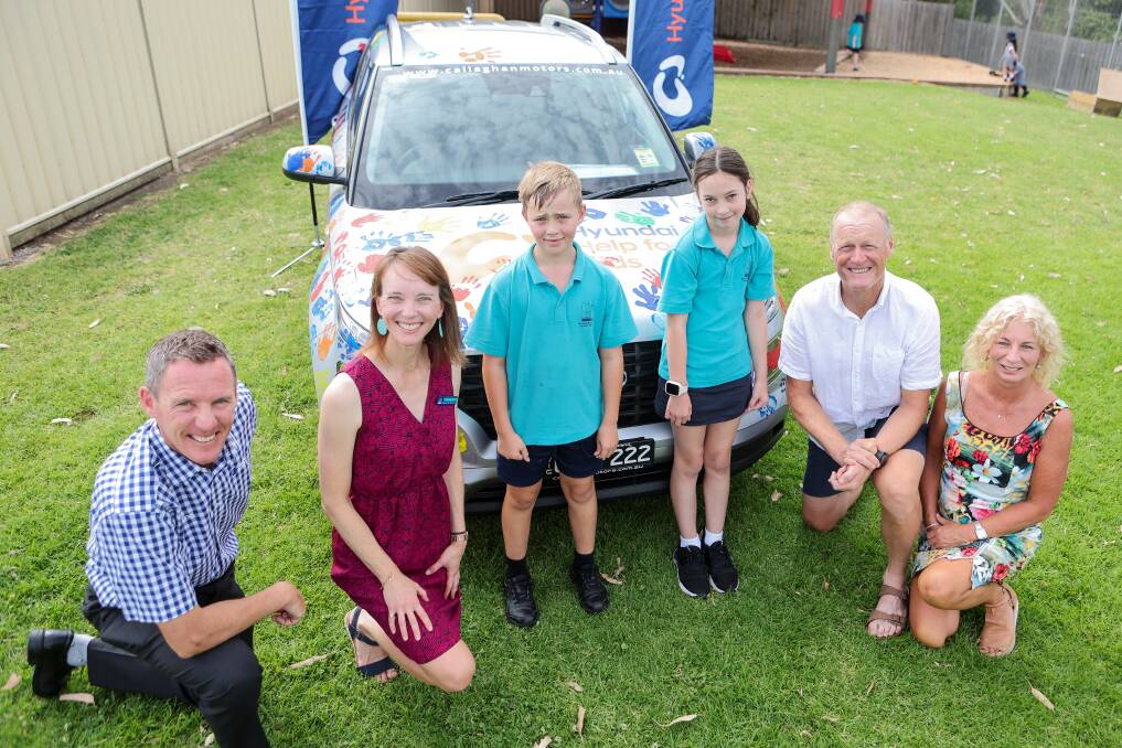 Steve Callaghan, Olivia Edwinsmith, Kyle Lewis, Sienna Cowland, Shane Wilson and Clare Monk at the launch of Big Ride for Big Life at Warrnambool West Primary School. Picture by Anthony Brady