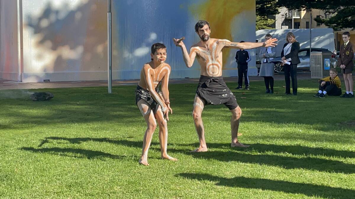 DANCE: Bungrie Ugle-Hagan and Kane Clarke from Framlingham performing at Warrnambool's Civic Green for National Reconciliation Week. Picture: Lillian Altman