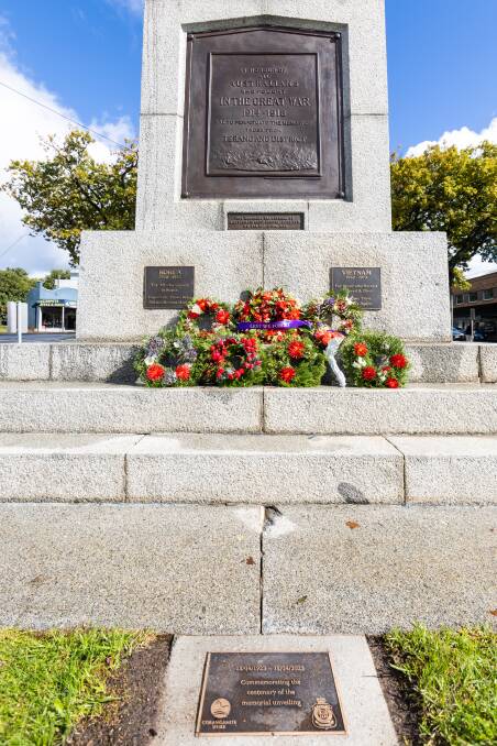 A new plaque was installed Terang War Memorial where a ceremony was held on Saturday, April 15, to mark 100 years since the obelisk was first unveiled. Picture by Eddie Guerrero