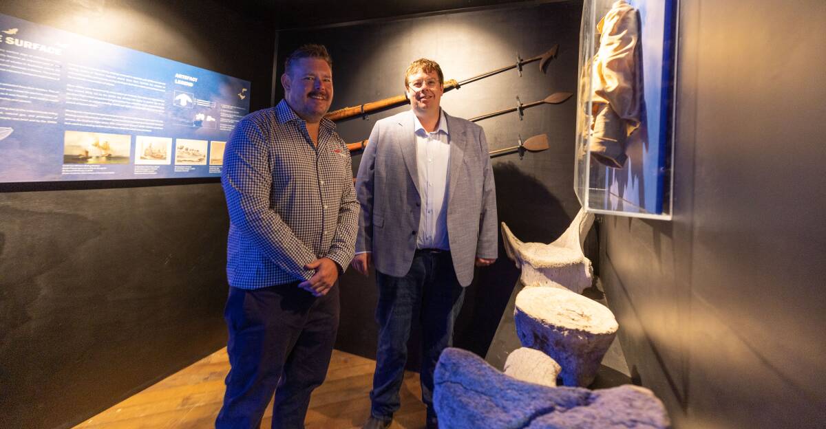 Flagstaff Hill collections curator Justin Croft and Warrnambool mayor Ben Blain at the new Whales: Beneath the Surface exhibition. Picture by Sean McKenna