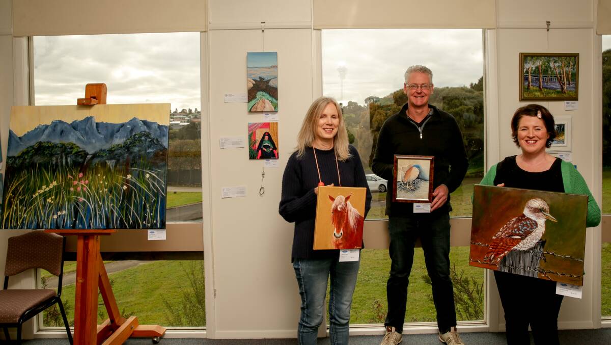 The opening night of Warrnambool and District Artists' Society's Annual Awards was held at Merri View Gallery, judged by sponsor Brett Jarrett (centre), pictured here with WADAS president Judy Rauert (left) and sponsor, Gerri Torpy. Picture: Chris Doheny