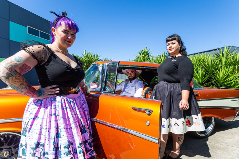Sherri Symons, Corey Firth and Fuzzy Khanyari with Jamal Hasell's vintage Chevrolet. The car will be on show at Classics on the Hill on Sunday. Picture by Eddie Guerrero