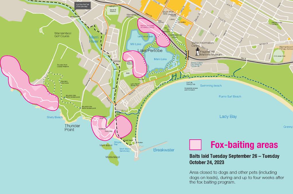 A map with the Warrnambool City Council's targeted fox baiting areas highlighted in pink. Picture supplied by Warrnambool City Council