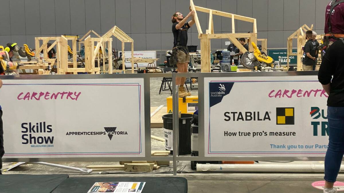 Jayme Cannon competing in a carpentry competition at the WorldSkills National Championships and Skills Show. Picture supplied.