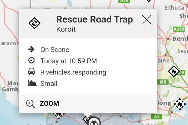 The VicEmergency alert for a crash in Koroit on September 24, 2023.
