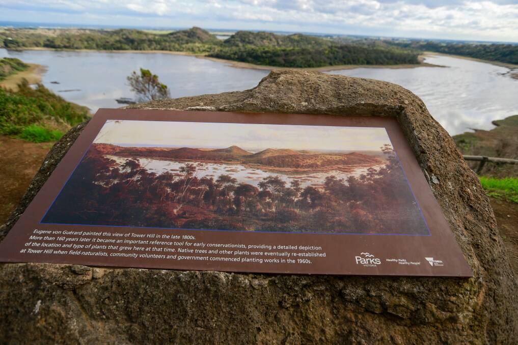A sign of Eugene von Guerard's 1855 Tower Hill and the landscape that inspired the painting. It features in ABC'S Great Southern Landscapes. Picture by Anthony Brady
