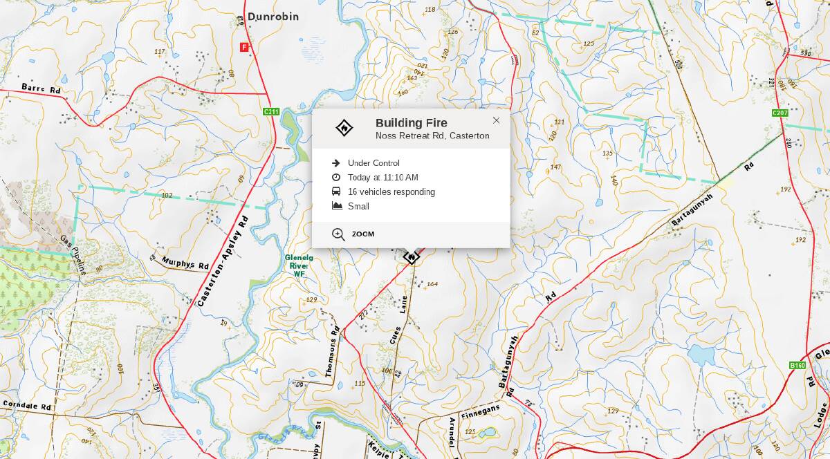 A screenshot of the Vic Emergency app with the details of a shed fire in Casterton on Thursday, January 11, 2024.