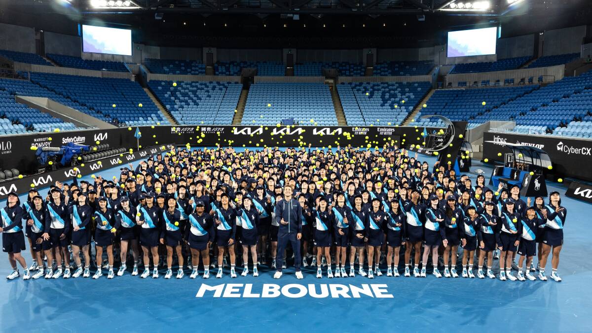 World No. 11 and three-time grand slam finalist Casper Ruud with the 2024 Australian Open ball kids at Melbourne Park.