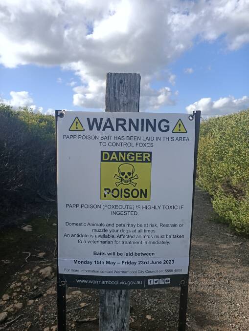 A sign alerts visitors to Thunder Point that fox bait has been laid in the area. Picture by Lillian Altman