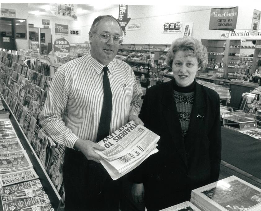 TRIBUTE: Neil and his wife Shirley Smart at Smart's Newsagency in 1991.