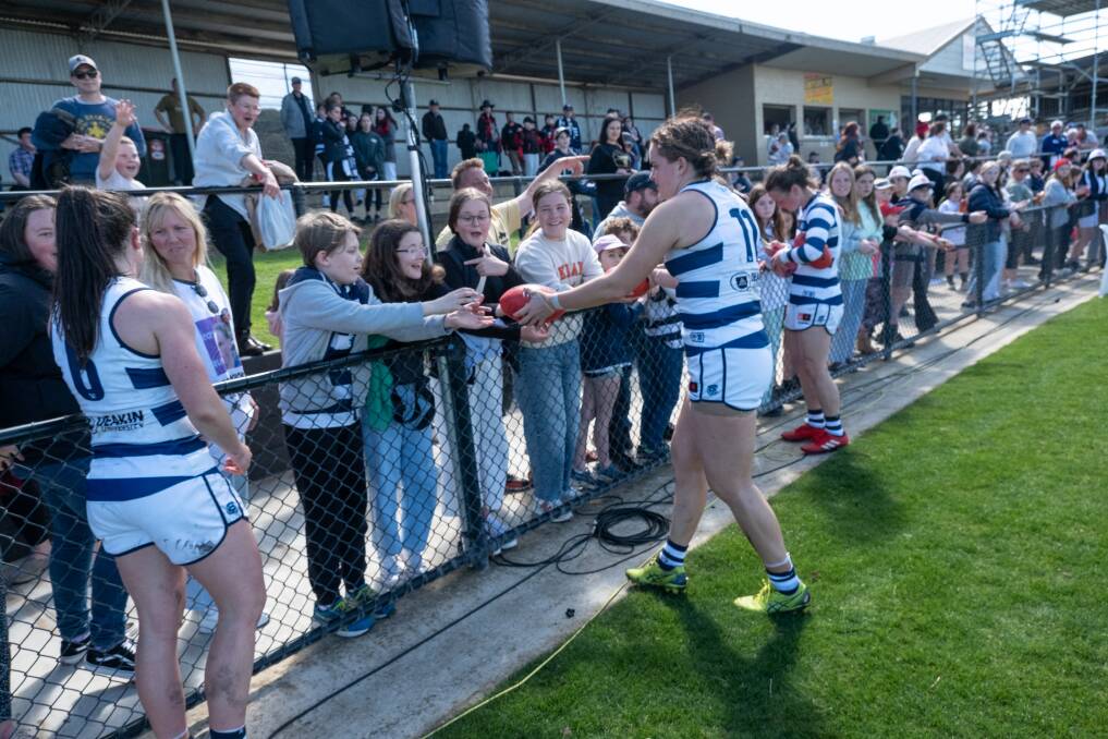 Fans meet Geelong captain Meg McDonald after an AFL Women's game in Warrnambool. Picture by Sean McKenna