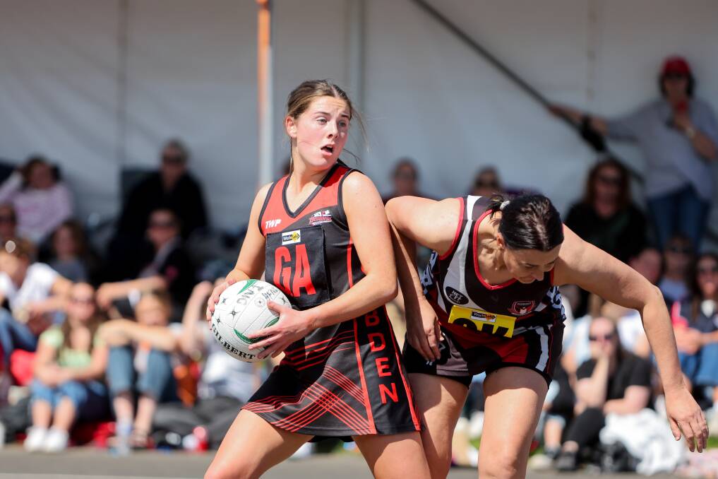 Grace Taylor during Cobden's division one-winning netball grand final in 2023. Picture by Anthony Brady