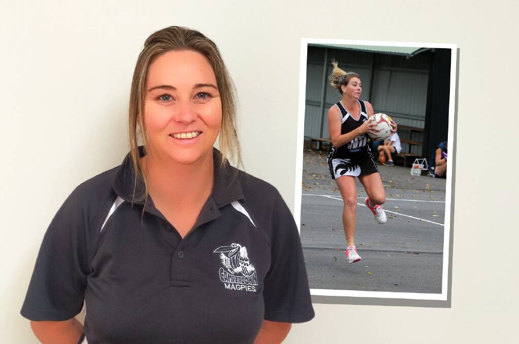 Emily Stephens has been appointed Camperdown's open grade netball coach for 2023; (inset) Stephens playing for Camperdown in 2017.