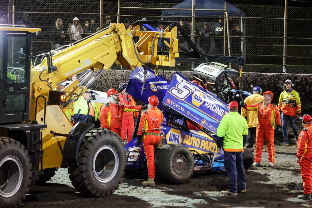 The remnants of James McFadden's D5 after a crash in Friday night's Australian Sprintcar Championship preliminary A-Main. Picture by Anthony Brady