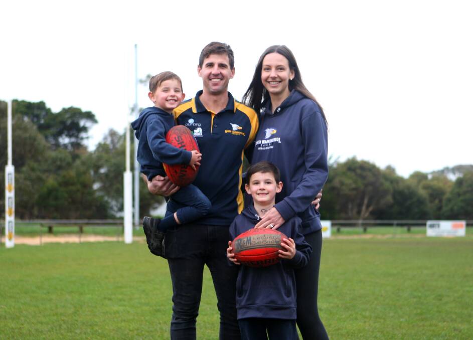 FAMILY AFFAIR: Arthur, 3, Tom, Oliver, 6 and Rachael Batten ahead of Tom's 250th game for North Warrnambool Eagles. Picture: Meg Saultry