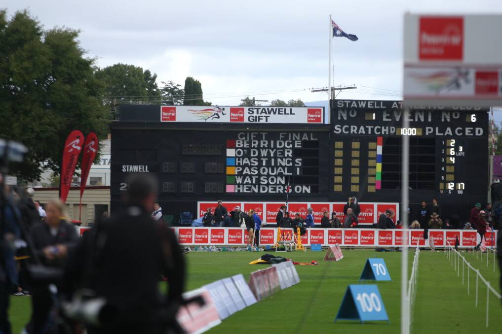 Layla Watson's name on the board for the Stawell Gift women's final. Picture by Meg Saultry