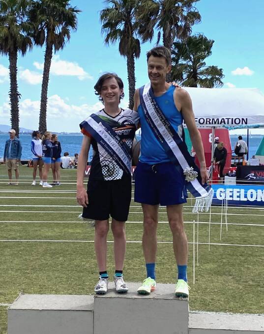Leo McMeel and Richard Wade after winning their respective 800-metre finals at the Geelong Gift.