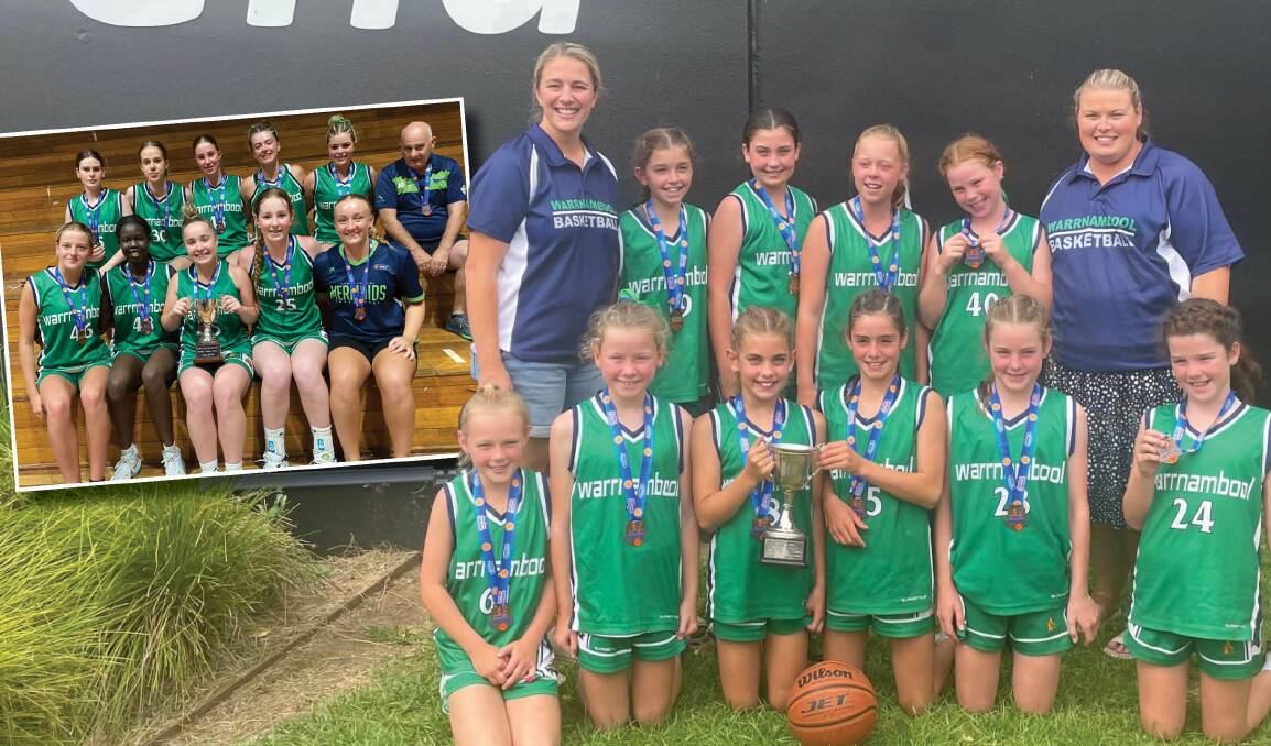 Warrnambool's under 18 girls (inset) and under 14 girls championship teams celebrate winning the Bendigo Junior Classic. Pictures supplied