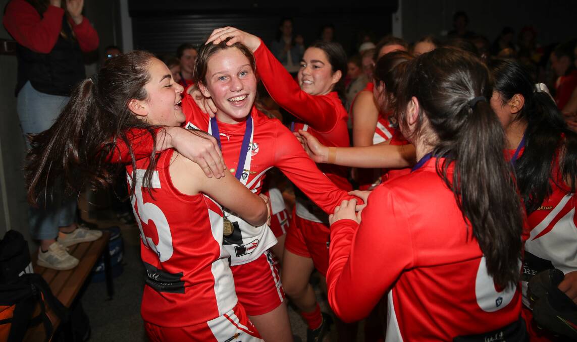 Marnie Beks (left) celebrating a premiership with South Warrnambool's under 18 girls team in 2022. File picture